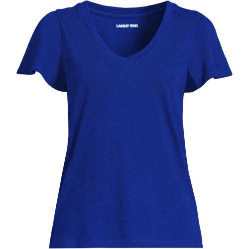 Shirt mit kurzen Flatterärmeln und V-Ausschnitt, Damen,  Blau, Baumwolle, by Lands' End