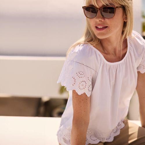 Shirt mit Lochmuster und Flatterärmeln, Damen,  Weiß, Baumwolle, by Lands' End