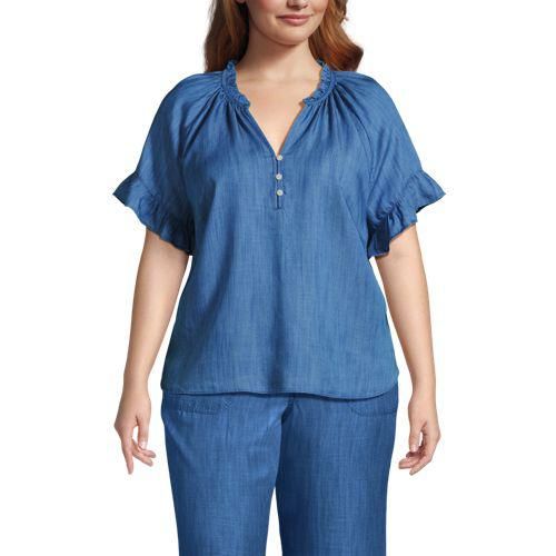 Bluse aus TENCEL mit Rüschenkragen, Damen,  Blau, Kunstseide/Lyocell (Viskose), by Lands' End