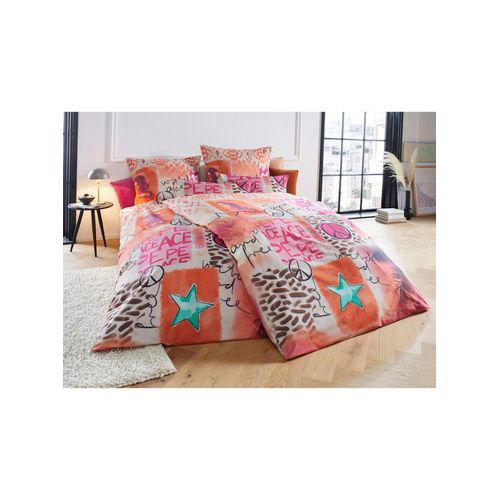 Bettwäsche HEINE HOME Gr. 1, bunt (orange, pink, bedruckt), B/L: 135cm x 200cm, Renforcé, B/L: 80cm x 80cm, 2 Stk., Renforcé, 100% Baumwolle, Bettwäsche