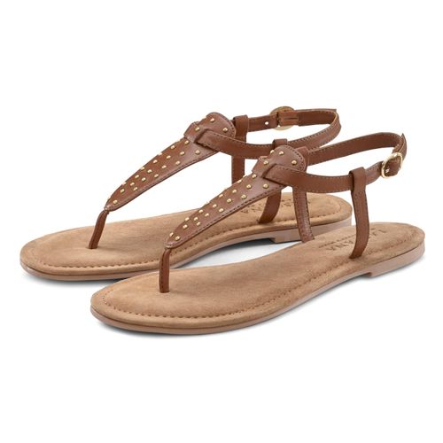 Zehentrenner LASCANA, Damen, Gr. 37, braun (camelfarben, goldfarben), Obermaterial: 100% Schafsleder. Futter: 100% Rindsleder. Decksohle: 100% Ziegenleder. Laufsohle: 100% Synthetik, unifarben, Modisch, Schuhe, Sandale, Pantolette aus Leder mit kleinen Nieten