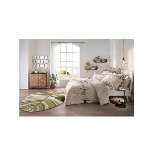 Bettwäsche HEINE HOME Gr. 1, beige (sand, weiß, bedruckt), B/L: 135cm x 200cm, Mako-Satin, B/L: 80cm x 80cm, 2 Stk., Mako-Satin, 100% Baumwolle, Bettwäsche