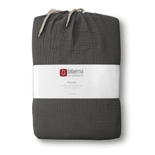 Bettwäsche BIBERNA Gr. 2, grau (anthrazit), B/L: 155cm x 220cm, Musselin, B/L: 80cm x 80cm, 2 Stk., Musselin, 100% Baumwolle, Bettwäsche