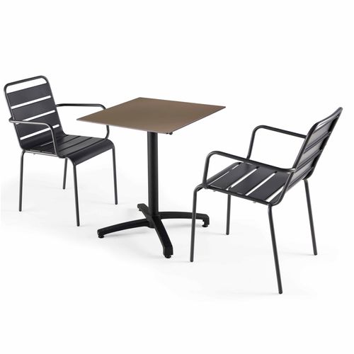 Set aus Gartentisch aus Laminat und 2 Sesseln aus grauem Metall - Oviala Opéra