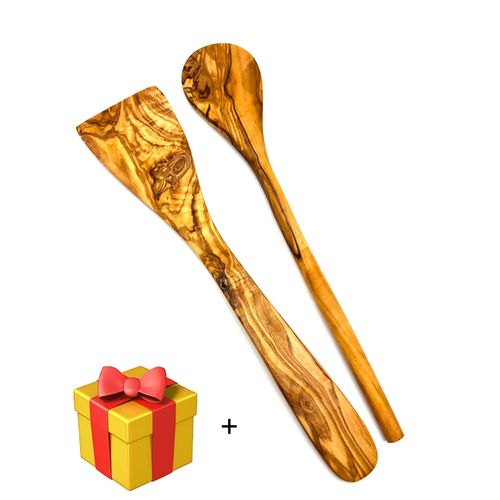 Kochlöffel OLIVENHOLZ-ERLEBEN "2tlg. Kochlöffel-Set (Kochlöffel rund, Pfannenwender ohne Löcher)", braun, L: 30cm, Massivholz, Kochlöffel, Kochbesteck aus Olivenholz ist hitzebeständig und schonend zu Pfannen
