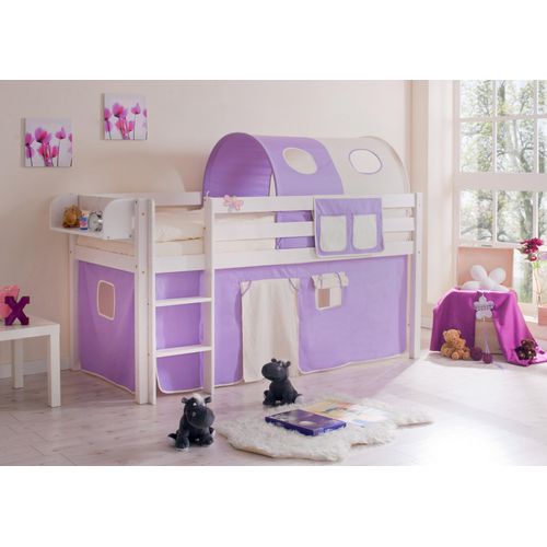 Hochbett Spielbett Malte Kiefer massiv Weiss, Vorhangstoff:Lila Beige