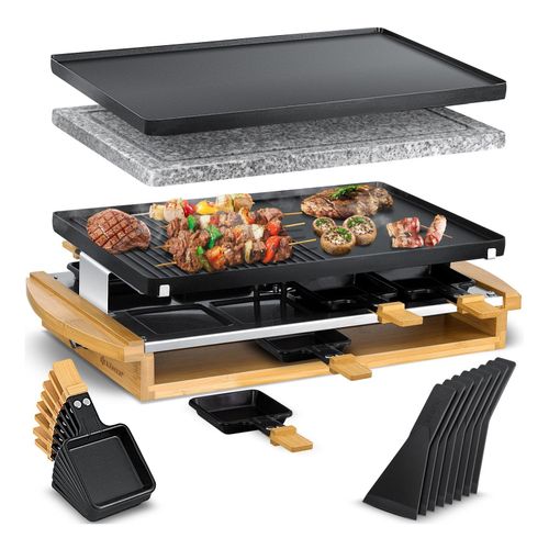 KESSER® Raclette-Grill mit Naturgrillstein, Grillplatte Tischgrill für 8 Personen, Elektrogrill Raclette Grill antihaftbeschichteter Grillplatte, 8 Pfannen und Holzspatel 1200W