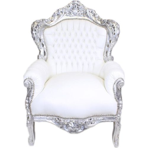 Barocksessel Barock Sessel Barockstuhl Armlehne Weiß Silber Kunstleder Esszimmer Wohnzimmer Büro Flur Schminkstuhl Klassisch Barock Stuhl Premium Luxu