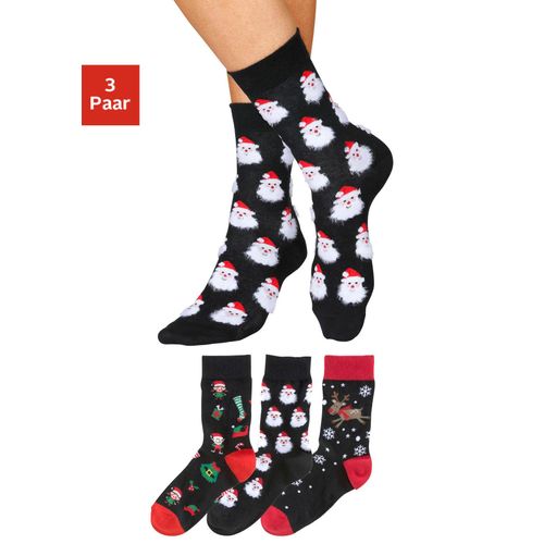 Socken H.I.S, Damen, Gr. 35-38, rot (3x schwarz, rot, gemustert), Baumwolle, Elasthan, Polyamid, Polyester, gemustert, lustiges Design, elastisch, Socken, mit lustigen Weihnachtsmotiven