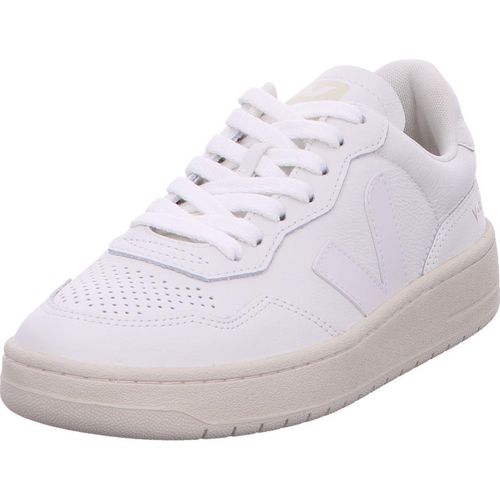 Damen Sneaker aus Leder Veja V 90 mit flachen Schnürsenkeln und seitlichem OT Lederlogo in Off Weiß – 7 Großbritannien - 40 EU - 9 US / Cremefarben