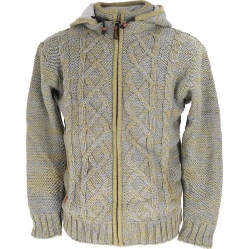 Strickjacke, Wolljacke, Nepaljacke mit Zopfmuster, Baumwollfutter - Grau/grün, Herren, Wolle, Größe: M