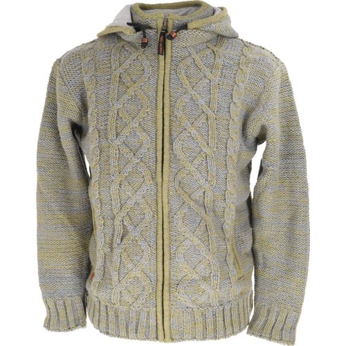 Strickjacke, Wolljacke, Nepaljacke mit Zopfmuster, Baumwollfutter - Grau/grün, Herren, Wolle, Größe: XL