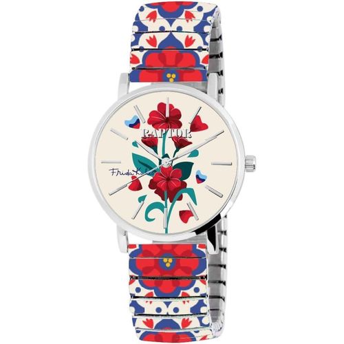 Raptor Damen Watch Frida Kahlo Edition mit Edelstahl-Zugband, Quarzwerk, kratzfestem Glas, Geschenkidee für Frauen inkl. Uhrenbox, 36 mm Gehäuse