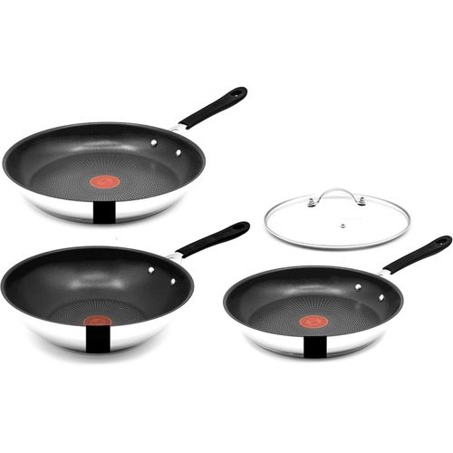 Tefal Pfannen-Set Jamie Oliver E30 Pfannen Set 24+28cm, Wokpfanne mit Deckel 28cm Wok, Edelstahl 18/10 (Inkl. 1 Wender & Filzschoner, Pfannenset)