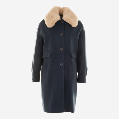 Dunkelblauer Mantel aus Wollmischung mit Kunstfell-Kragen
