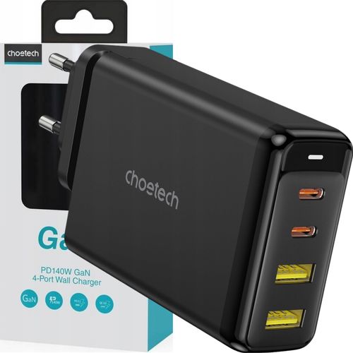 Choetech-Adapter, GaN, 140 W, 4 Anschlsse (2x USB C, 2x USB), schwarz (PD6005)