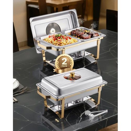 Chafing Dish Set Speisenwärmer - Edelstahl 2-teilig - 4 Behälter halbe Größe - Buffet Speisenwärmer Set
