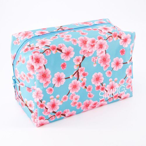 Blaue Kosmetiktasche mit rosafarbenem Blumenmuster