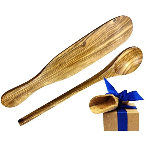 Kochlöffel OLIVENHOLZ-ERLEBEN "Crêpes-Wender und Kochlöffel rund aus Olivenholz", braun, L: 30cm, Massivholz, Kochlöffel, Crêpes-Spatel und Kochlöffel aus Olivenholz sind schonend zu Pfannen