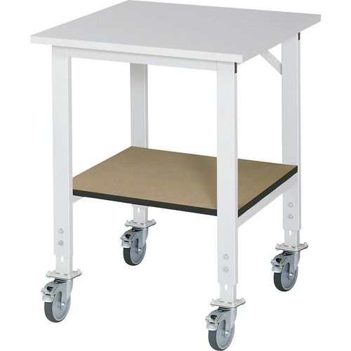 RAU Arbeitstisch mit Ablageboden, fahrbar, melaminbeschichtete Platte, Stärke 22 mm, BxT 750 x 800 mm