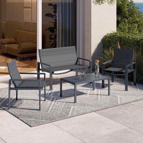 Ambia Garden Loungegarnitur , Dunkelgrau , Metall, Textil , 4-teilig , Flachrohr , Loungemöbel, Loungemöbel-Sets