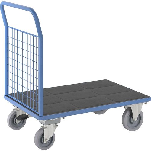 eurokraft pro Plattformwagen, 1 hohe Gitter-Stirnwand, mit Zentralstopp, LxB 1100 x 700 mm