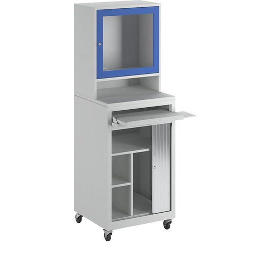 Computer-Rollladenschrank, für Bildschirm bis 20'', fahrbar, lichtgrau/enzianblau kaiserkraft