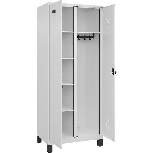 Putzmittelspind Evolo PLUS, 1 Abteil, Trennwand mittig, weiß, B 800 mm, mit breiten Füßen, Sicherheits-Drehriegel kaiserkraft