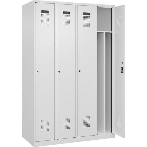 Schwarz-Weiß-Spind Evolo PLUS, schmal, 4 Abteile, Trennwand verkürzt, weiß, B 1200 mm, mit Bodengleitern, Zylinderschloss kaiserkraft