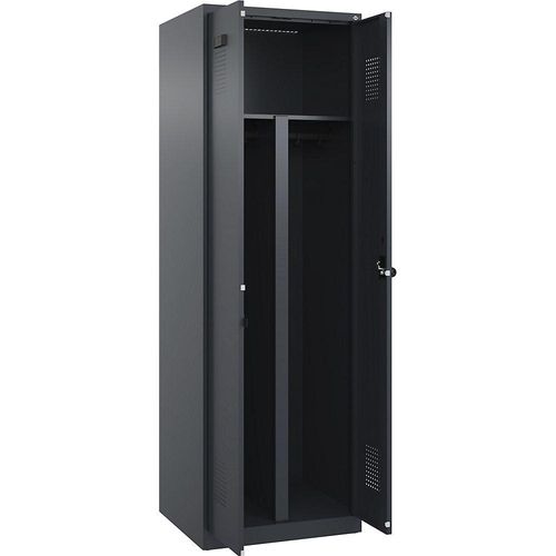 Schwarz-Weiß-Spind Evolo PLUS, 1 Abteil, Trennwand verkürzt, grau, B 600 mm, mit Bodengleitern, Sicherheits-Drehriegel kaiserkraft