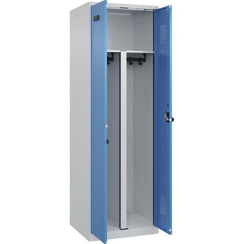 Schwarz-Weiß-Spind Evolo PLUS, 1 Abteil, Trennwand verkürzt, lichtgrau / lichtblau, B 600 mm, mit Bodengleitern, Sicherheits-Drehriegel kaiserkraft Image