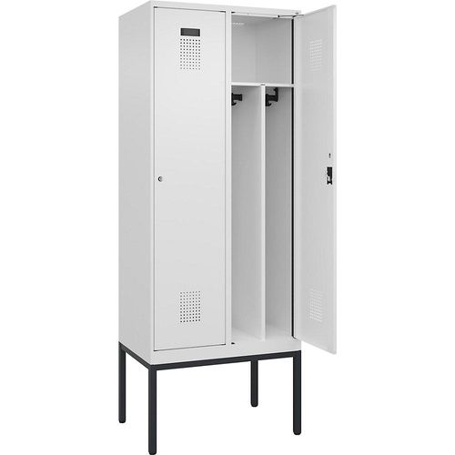 Schwarz-Weiß-Spind Evolo PLUS, schmal, 2 Abteile, Trennwand verkürzt, weiß, B 800 mm, mit schmalen Füßen, Zylinderschloss kaiserkraft