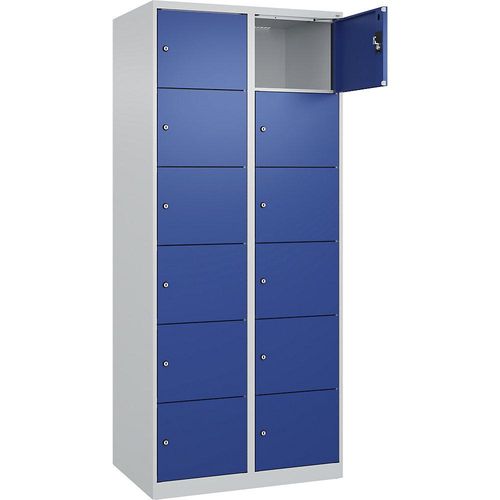 6er-Schließfachschrank Evolo PLUS, 2 Abteile, lichtgrau / enzianblau, B 800 mm, 12 Fächer, mit Bodengleitern, Zylinderschloss kaiserkraft