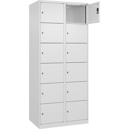 6er-Schließfachschrank Evolo PLUS, 2 Abteile, weiß, B 800 mm, 12 Fächer, mit Bodengleitern, Zylinderschloss kaiserkraft