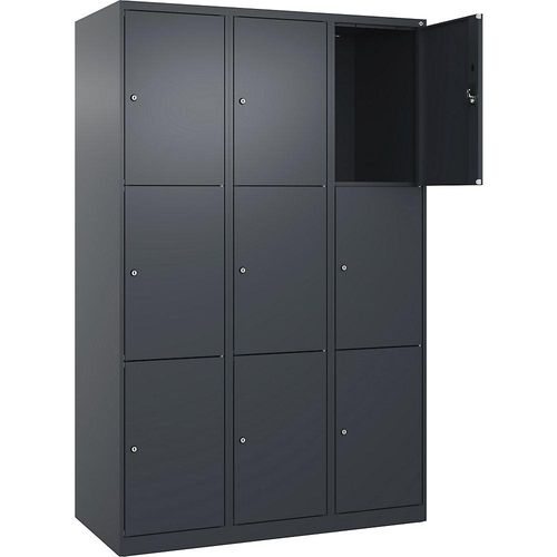 3er-Schließfachschrank Evolo PLUS, 3 Abteile, grau, B 1200 mm, 9 Fächer, mit Bodengleitern, Zylinderschloss kaiserkraft