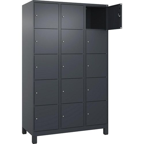 5er-Schließfachschrank Evolo PLUS, 3 Abteile, grau, B 1200 mm, 15 Fächer, mit breiten Füßen, Zylinderschloss kaiserkraft