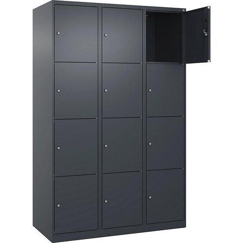 4er-Schließfachschrank Evolo PLUS, 3 Abteile, grau, B 1200 mm, 12 Fächer, mit Bodengleitern, Zylinderschloss kaiserkraft