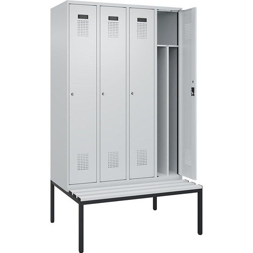 Schwarz-Wei&szlig;-Spind Evolo PLUS Sitzbank, schmal, 4 Abteile, Trennwand verk&uuml;rzt, lichtgrau / lichtgrau, B 1200 mm, Zylinderschloss, mit untergebauter Sitzbank, Kunststoff kaiserkraft