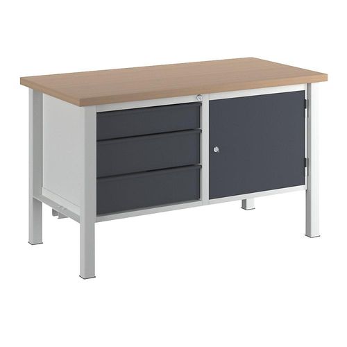 Werkbank, Breite 1500 mm, 3 Schubladen 1 x 125 / 2 x 175 mm, 1 Tür 475 mm, lichtgrau / anthrazitgrau kaiserkraft