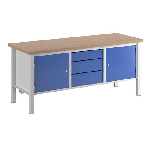 Werkbank, Breite 2000 mm, 3 Schubladen: 1 x 125 / 2 x 175 mm, 2 Türen 475 mm, lichtgrau / enzianblau kaiserkraft
