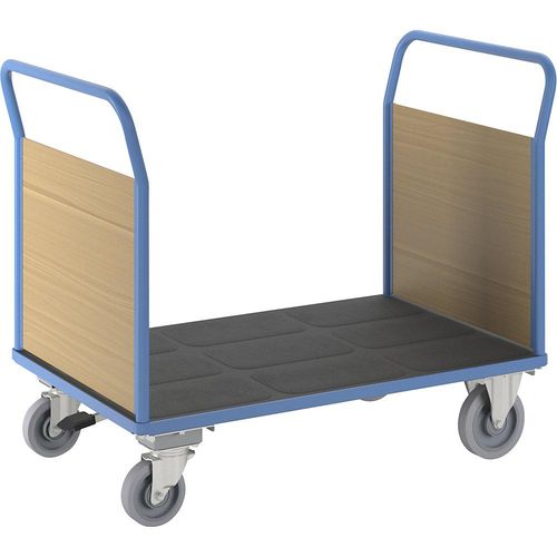 eurokraft pro Plattformwagen mit Holzwänden, mit 2 Stirnwänden, mit Zentralstopp, LxB 1350 x 800 mm