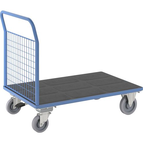 eurokraft pro Plattformwagen, 1 hohe Gitter-Stirnwand, mit Zentralstopp, LxB 1300 x 800 mm