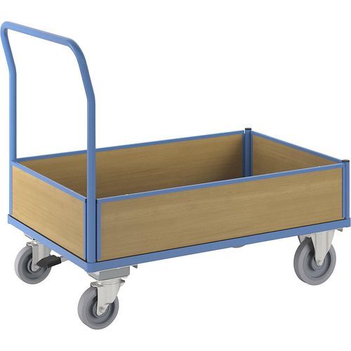 eurokraft pro Plattformwagen mit Holzw&auml;nden, mit 4 halbhohen W&auml;nden, Zentralstopp, LxB 1300 x 800 mm, Vollelastik