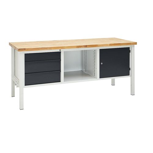 Werkbank, Breite 2000 mm, 3 Schubladen 1 x 125 / 2 x 175 mm, 1 Tür 475 mm, lichtgrau/anthrazitgrau kaiserkraft