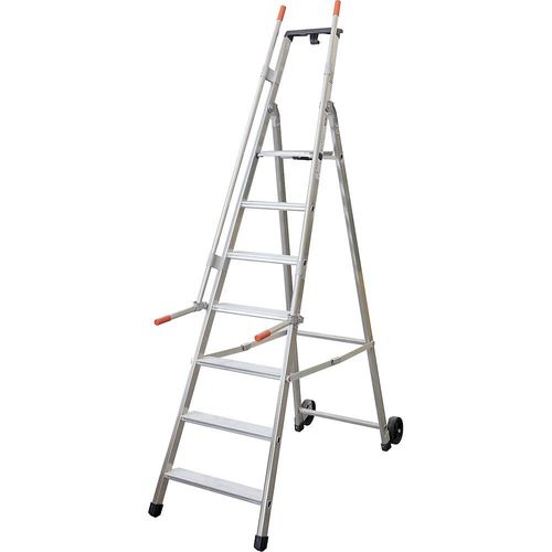 Mobile Lager- und Regalleiter, mit 2 Handläufen und Rollen, 7 Stufen inkl. Plattform kaiserkraft