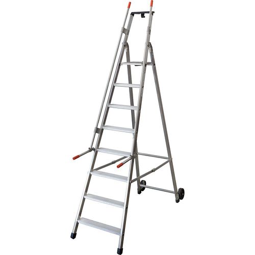 Mobile Lager- und Regalleiter, mit 2 Handläufen und Rollen, 8 Stufen inkl. Plattform kaiserkraft