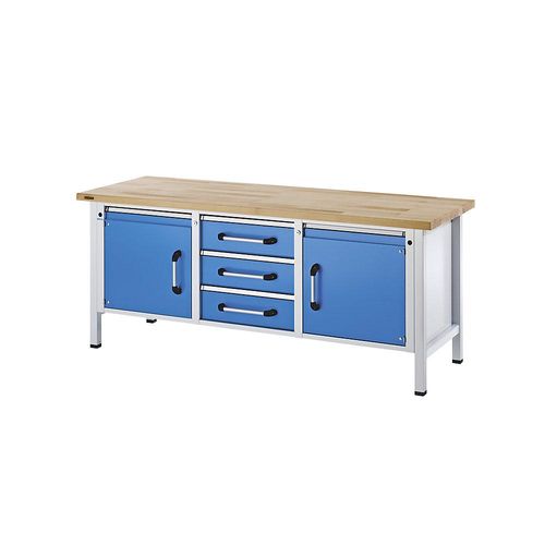 eurokraft pro Werkbank, Gestellbauweise, Breite 2000 mm, 3 Schubladen, 2 Türen, Buche massiv