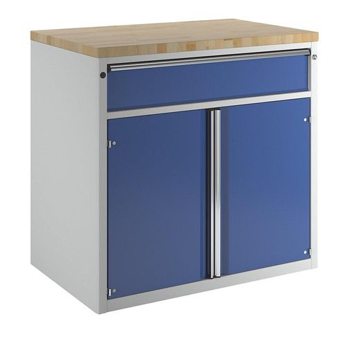 ANKE Schrank für Material- und Werkzeugausgabetheke, 1 Schublade, 2 Türen, 1 Fachboden, grau / blau