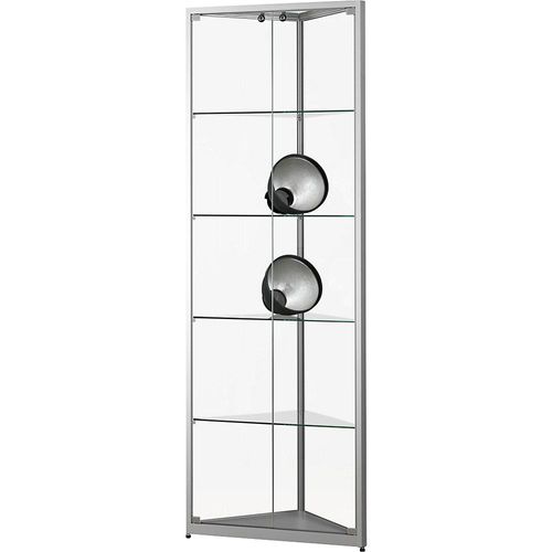 Vitrine, Höhe 1984 mm, ohne Beleuchtung, BxT 500 x 500 mm, Eckvitrine, silber kaiserkraft