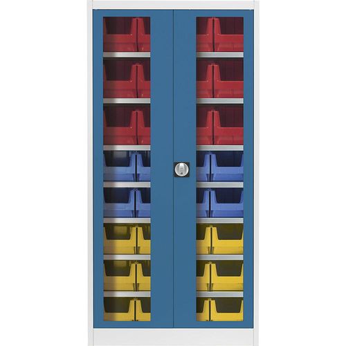 mauser Sichtfenster-Flügeltürenschrank, mit 32 Sichtlagerkästen, lichtgrau / brillantblau